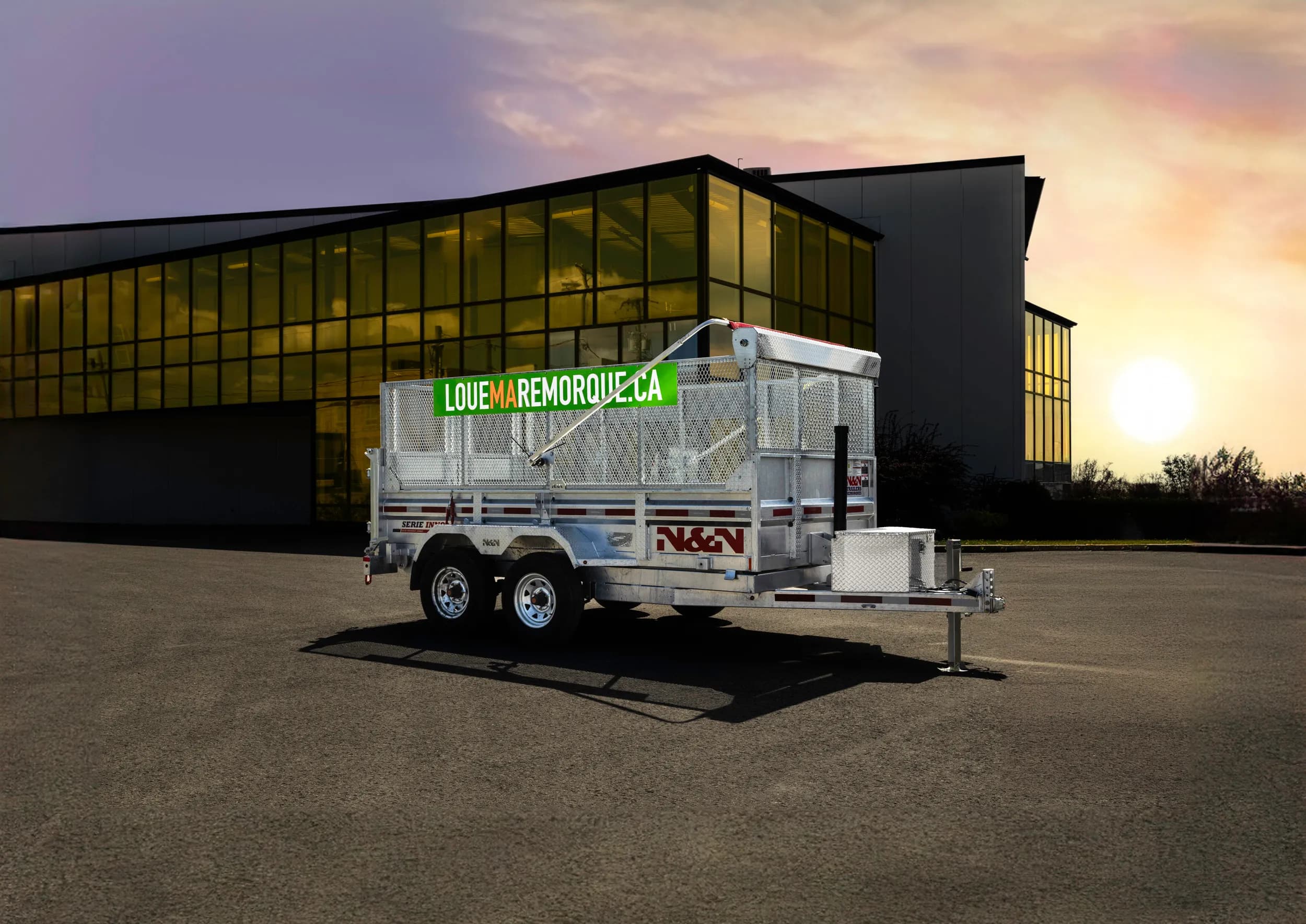 Construction dump trailer hitched and ready to haul